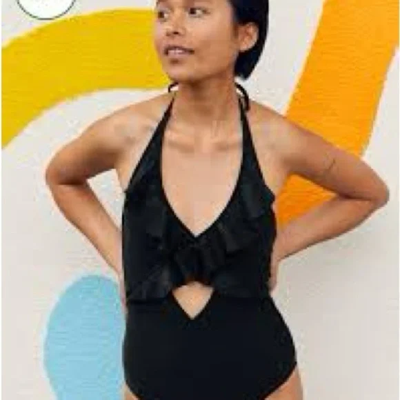 Aerie Black Ruffled, Cut-out One Piece Swimsuit Sz Medium ** see description - Picture 1 of 11